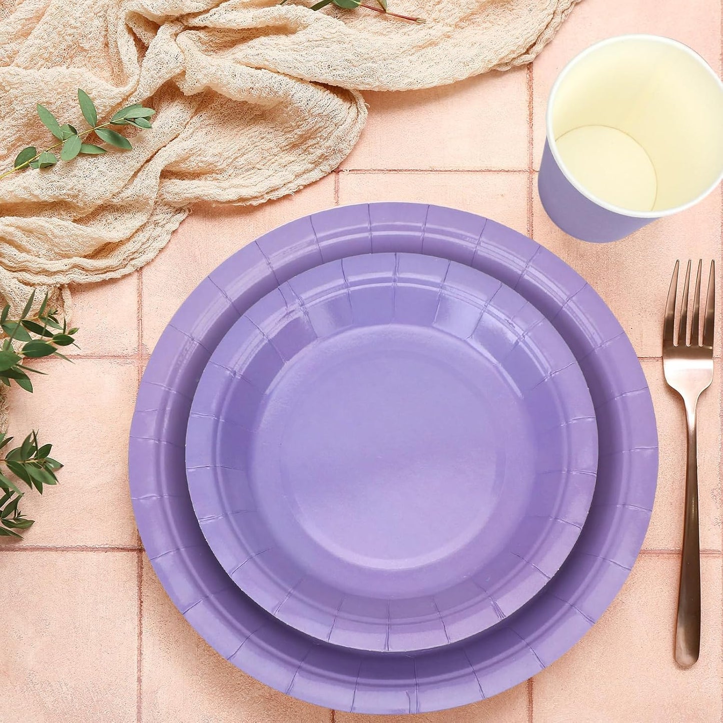 150 Pcs Disposable Party Dinnerware Supplies Set Includes 7'' 9'' Disposable Paper Plates 9oz Paper Cups Scalloped Cocktail Napkins for Baby Shower Birthday Wedding(Light Purple)