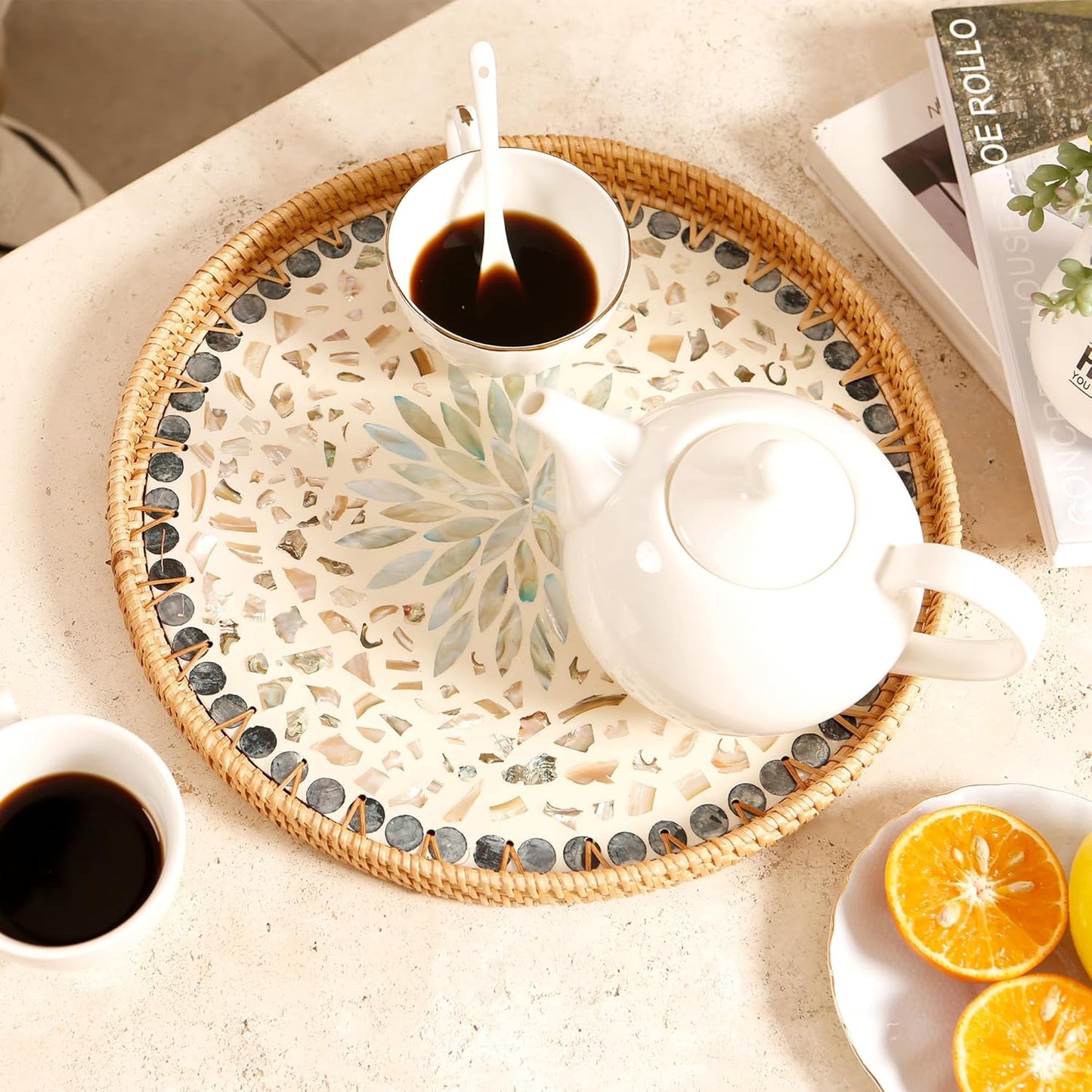 Round Rattan Tray with Mother of Pearl Inlay & Wooden Base - Decorative Wicker Serving Tray for Coffee/Bread/Fruits, Food Storage & Display - Multipurpose Home Decor (M,Blue Shells)