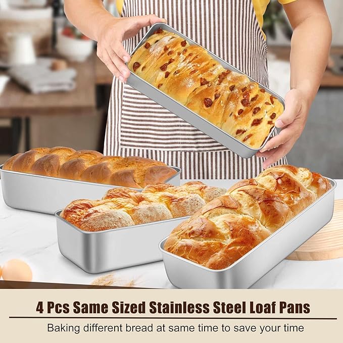 P&P CHEF Loaf Pans for Baking Bread, 12 x 5 Inch Large Stainless Steel Bread Loaf Pan Tins for Homemade Meatloaf Cake Brownies, Healthy & Sturdy, Oven & Dishwasher Safe, 4Pcs
