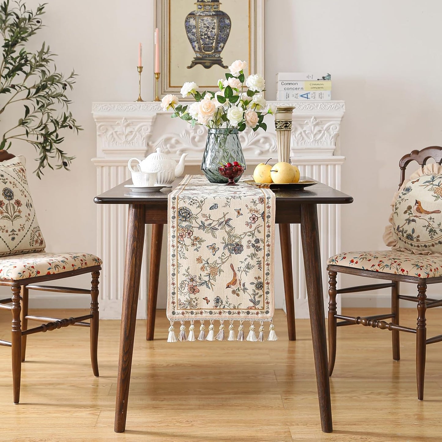 ISAENNE Designer Linen Table Runner 87 Inches Long,Elegant Floral Bird Pattern Table Runners for Dining Room,Farmhouse Rustic Kitchen Decor,Thanksgiving,Christmas,12"*87"-Cornucopia