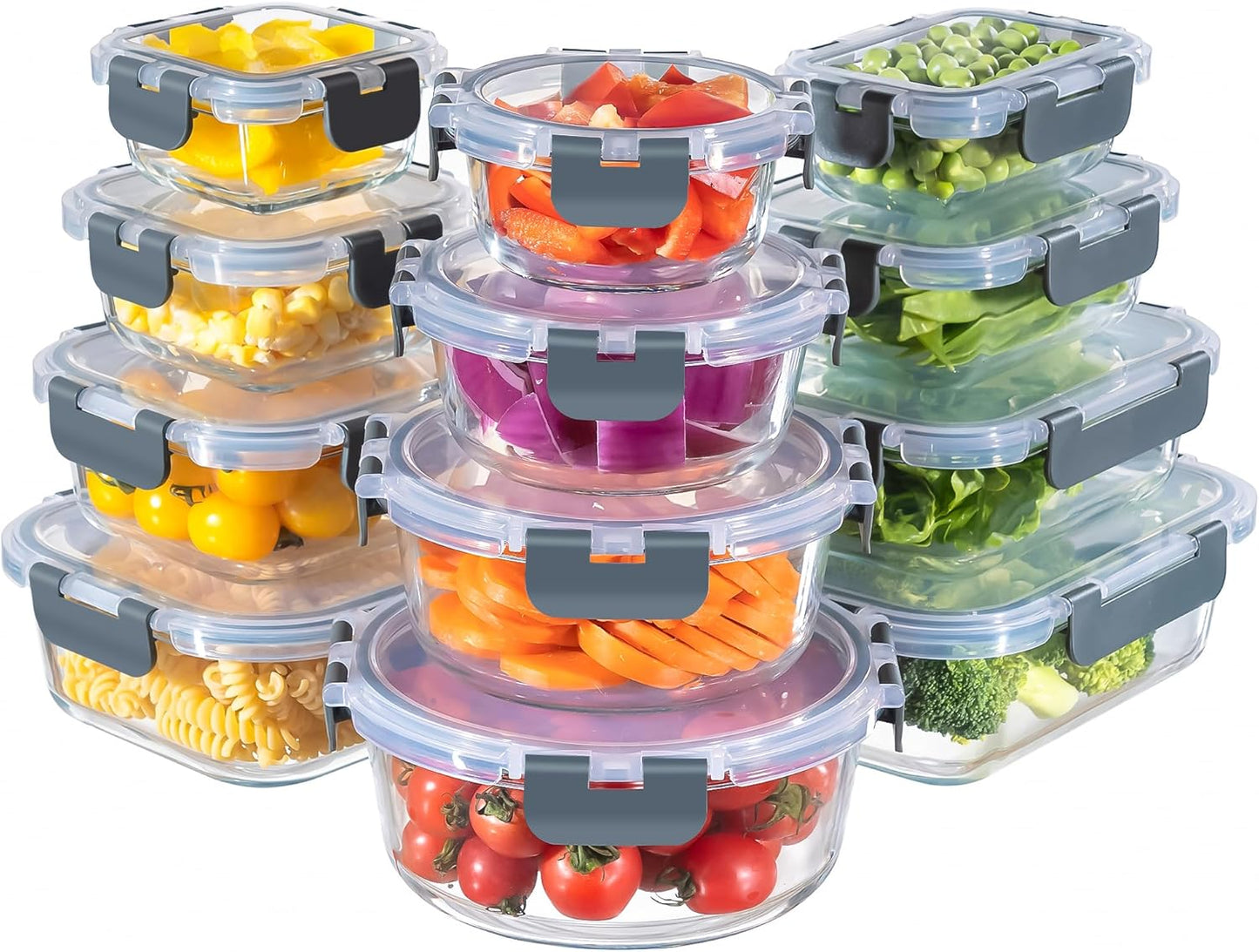 MFY 12-Pack Glass Storage Containers with Lids, Glass Meal Prep Containers Set, Airtight Lunch Containers with Lids, Microwave, Oven, Freezer and Dishwasher Safe, Gray