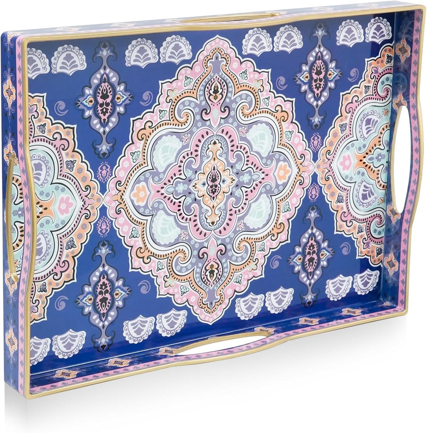 Gifturbo Serving Tray for Coffee Table, Rectangular Plastic Decorative Tray with 4 Handles for Entertaining, Outdoors, Living Room, Ottoman, Bathroom,Blue & Pink