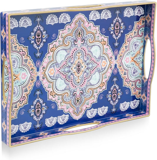 Gifturbo Serving Tray for Coffee Table, Rectangular Plastic Decorative Tray with 4 Handles for Entertaining, Outdoors, Living Room, Ottoman, Bathroom,Blue & Pink