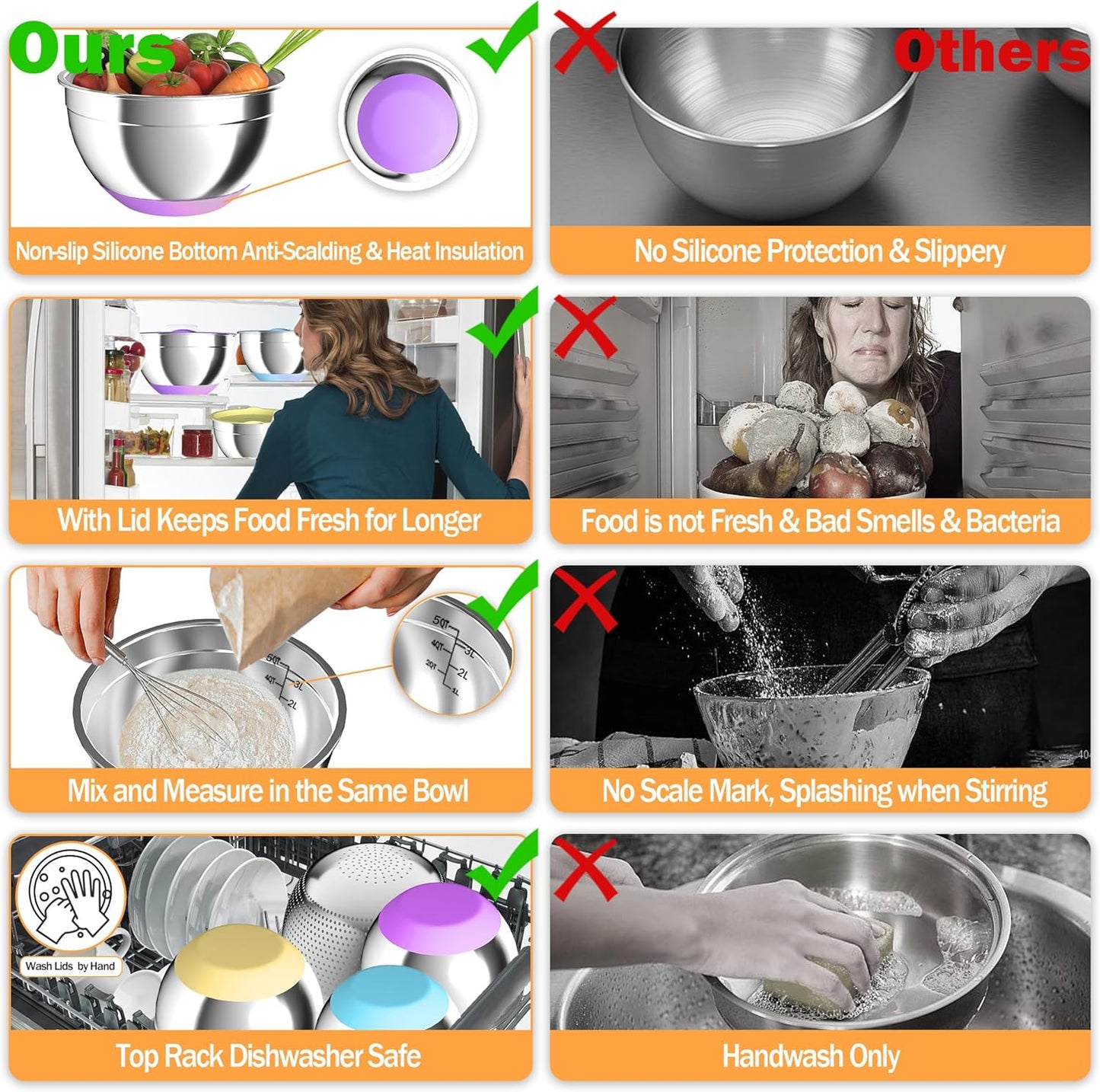 Mixing Bowls with Airtight Lids, Stainless Steel Mixing Bowl Set with 3 Metal Nesting Bowls, Colander & Grater, Non-Slip Bottoms, Size 1.5, 2.5, 5 QT, Great for Mixing & Serving, Mutilcolor