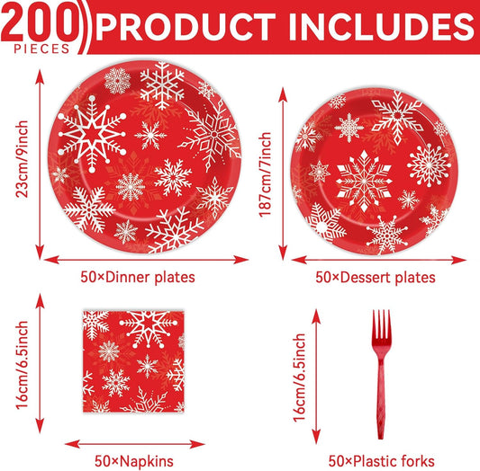 ZOIIWA 200 PCS Christmas Theme Party Tableware Disposable Merry Christmas Party Supplies Dinnerware Set Xmas napkins Snowflakes Paper Plates Bulk Christmas Dinnerware Party Decoration Serve 50 guest