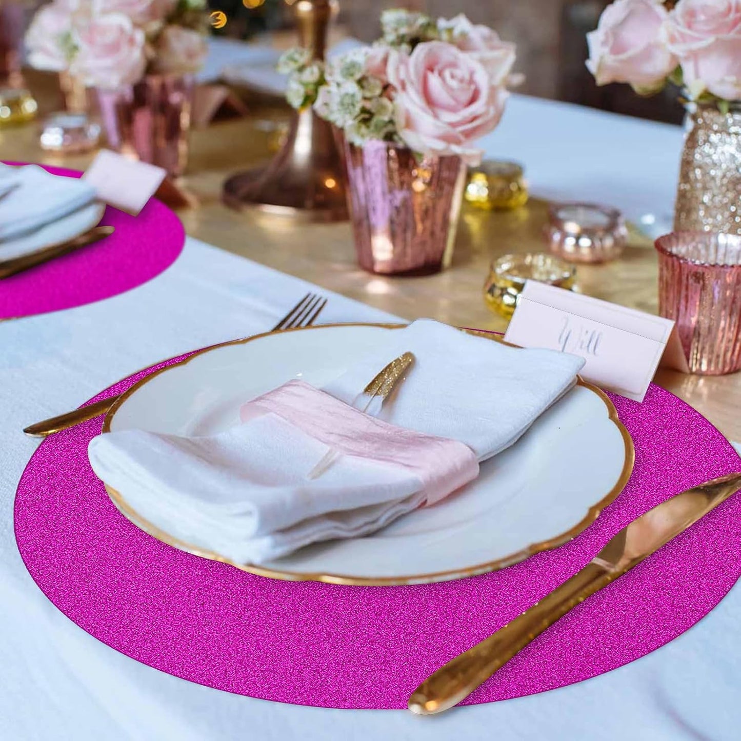 50 Pieces Hot Pink Glitter Paper Place Mats Sparkle 14'' Round Disposable Table Mats Hot Pink Doilies for Wedding Banquet Birthday Party Home Dining Table Decor