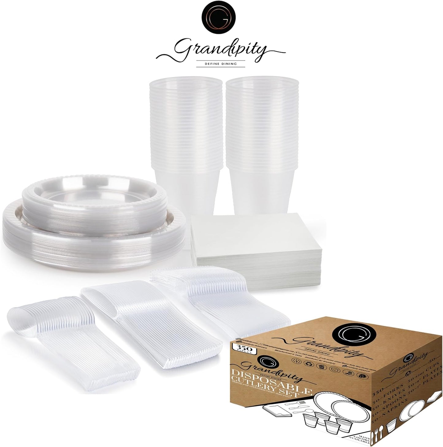 Grandipity 350 Piece Clear Disposable Dinnerware Set, Includes 50 of Each: 9" Dinner Plates, 7" Dessert Plates, 12oz Cups, Paper Napkins, Forks, Knives & Spoons