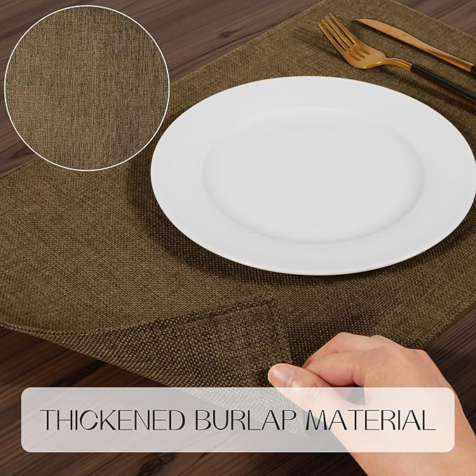 Romanstile Cloth Placemats Set of 8-12 x 18 Inch, Heat Resistant Double Layered Thickened Burlap Place Mats, Washable Faux Linen Farmhouse Table Mats for Kitchen/Dining/Party/Outdoor, Brown