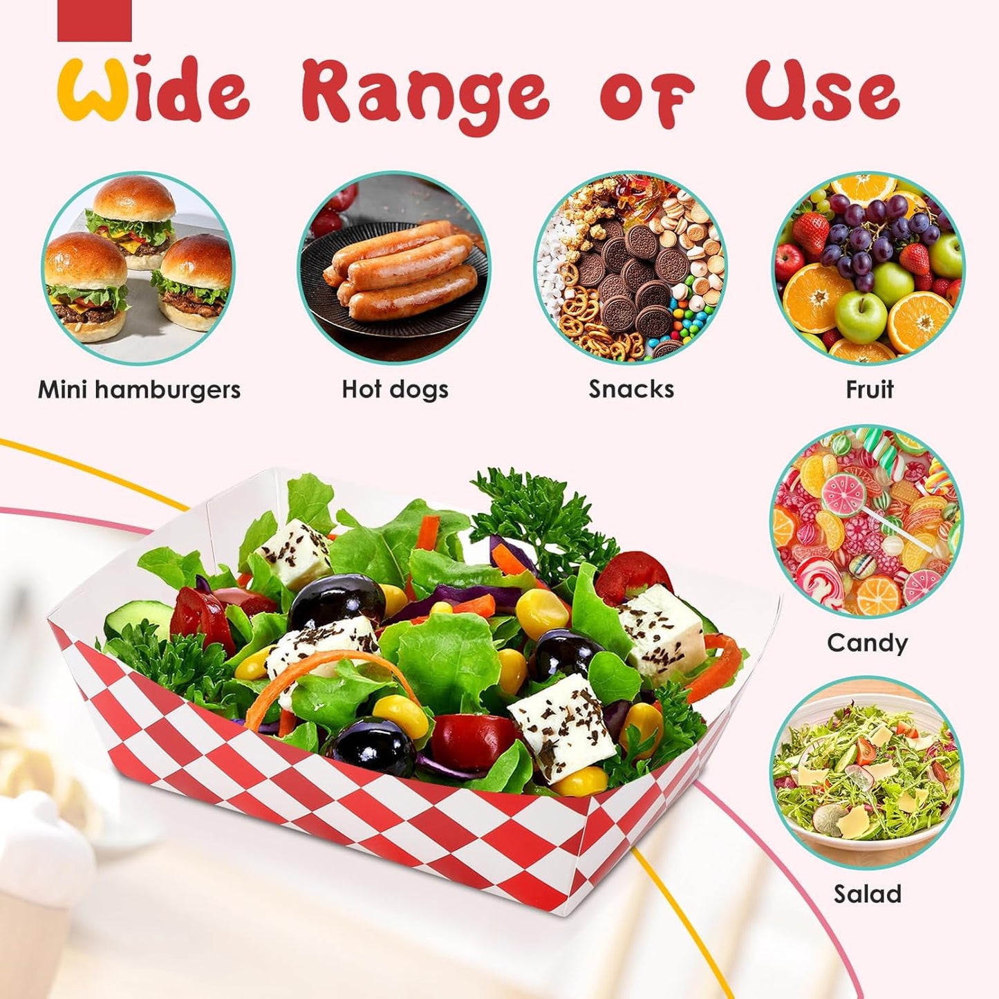 Blcculi 100 Pack Gingham Paper Food Trays,Disposable Paper Food Boat,Gingham Party Supplies,Snack Serving Trays for Nacho,French Fries,Popcorn,Hot Dog (Red + White)