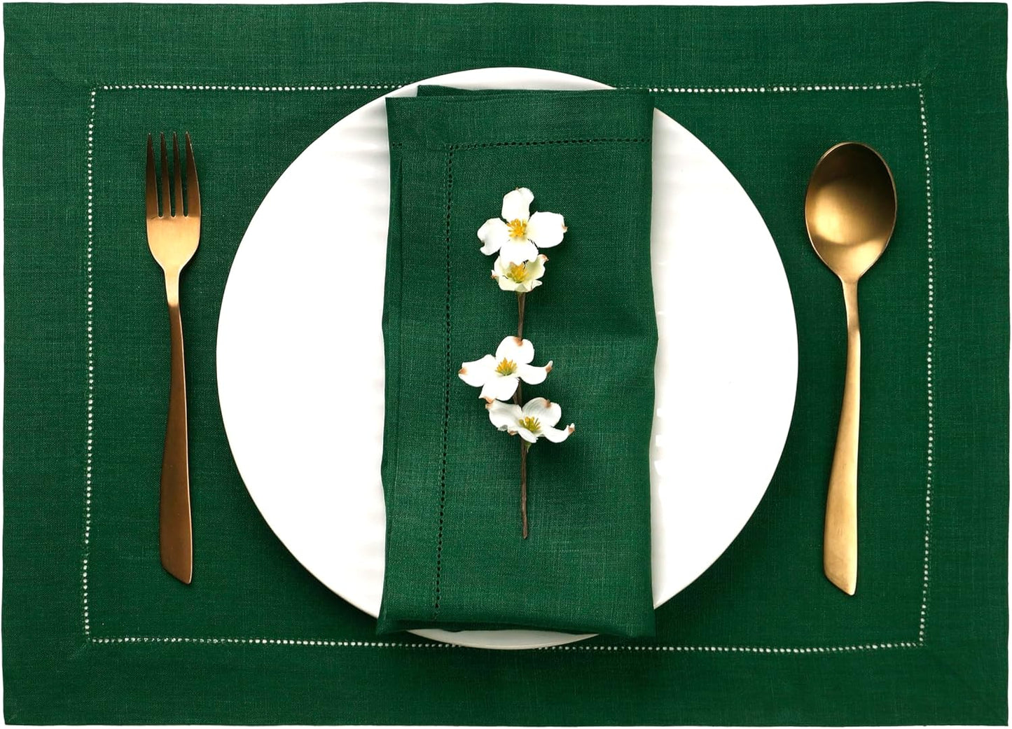 D'Moksha Homes Linen Placemats Set of 4 - Classic Hemstitch Forest Green Placemats 14 x 19 Inch - 100% Pure Linen Table Mats for Fall, Autumn and Halloween - Handcrafted and Machine Washable
