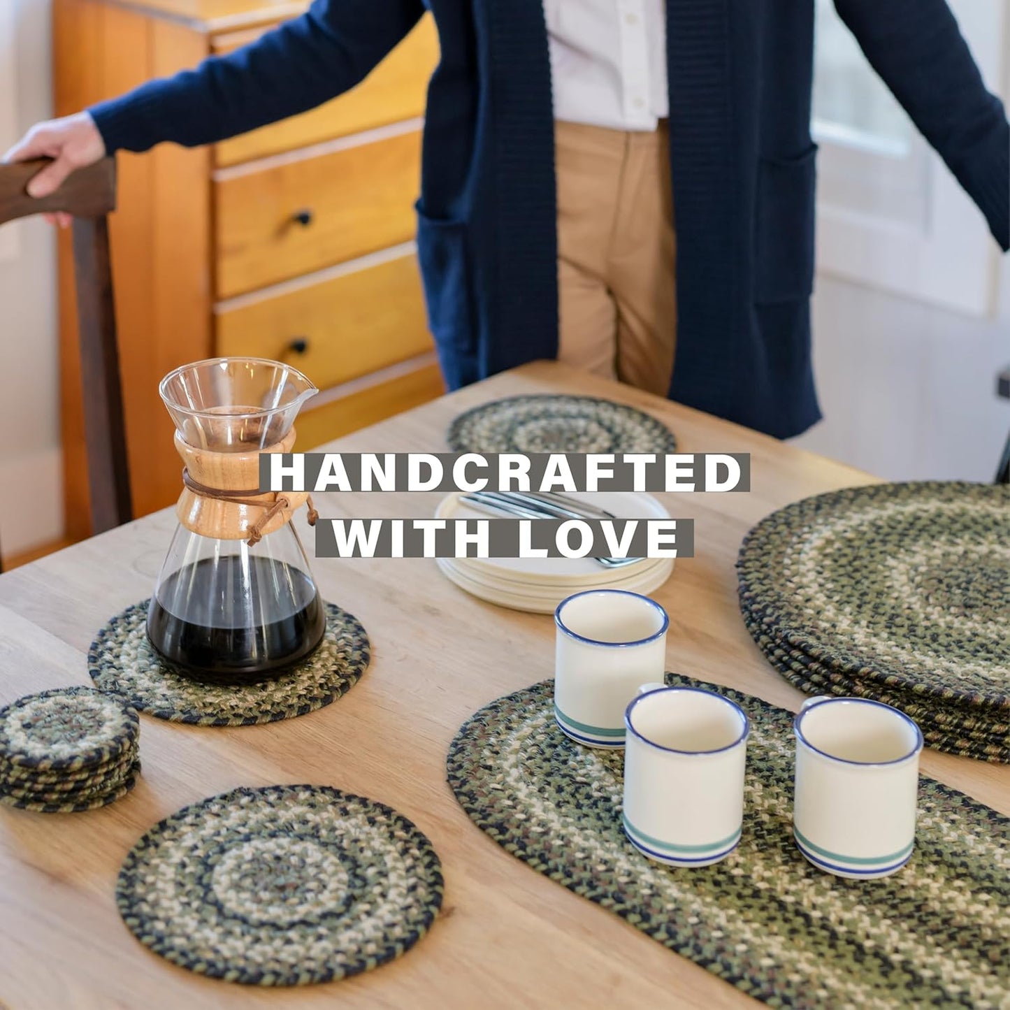 Homespice Pinecone Jute Braided Long Table Runner, Country Rustic Decor, Green Rectangle 11x36 - Rich Colors, Easy to Clean, Durable and Protects Furniture