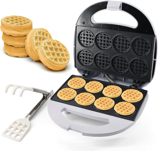 StarBlue Mini Waffle Bites Maker with FREE Waffle Tongs - 8 x 2” Tiny Waffle Bites, Non-Stick, Fast Heating, Perfect for Kids’ Breakfast, Snacks, Compact & Easy to Clean, White, 120V 60Hz 750W