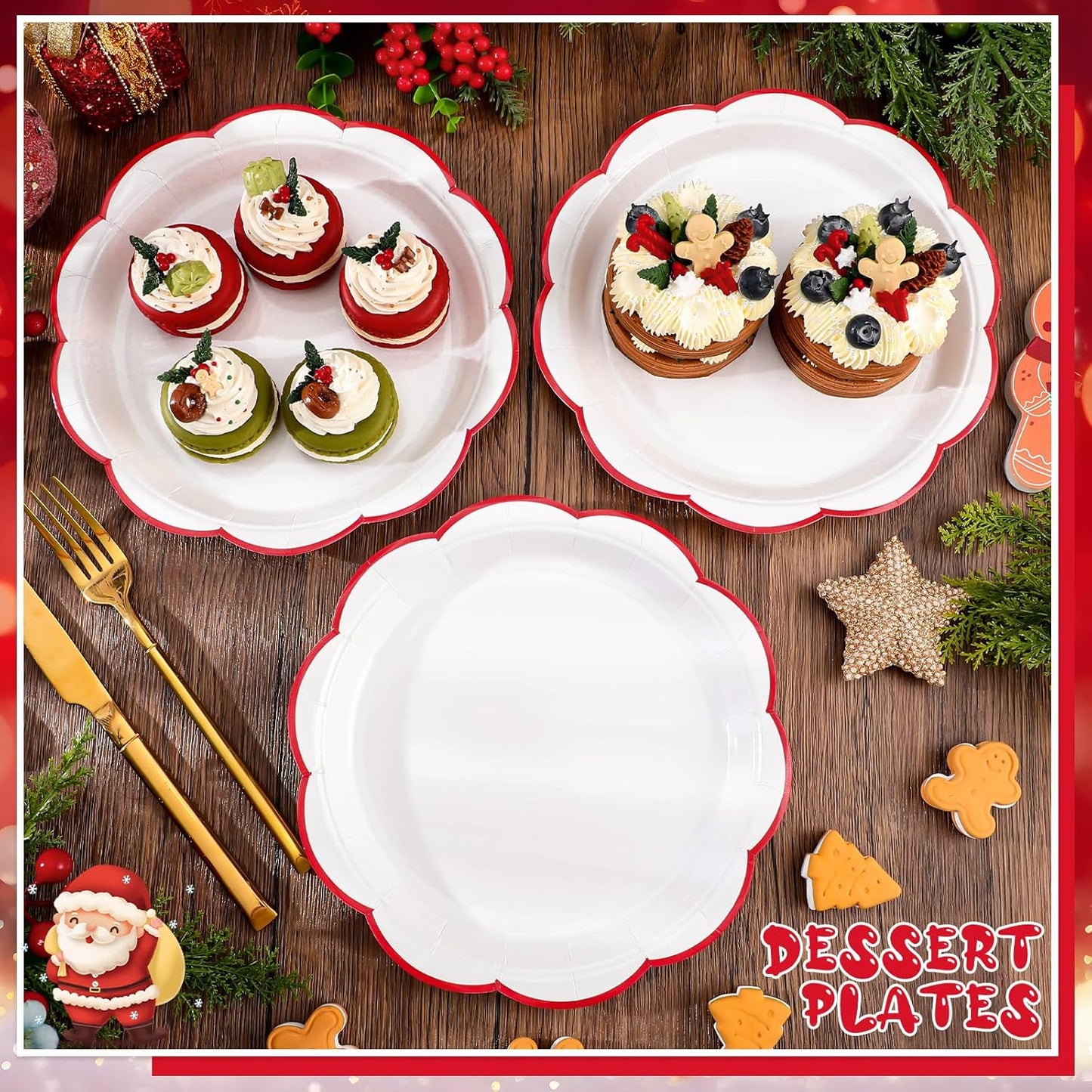 30 Pcs Christmas Paper Plates, 9 Inch White Plates with Red Trim Cute White Scalloped Paper Plate Disposable for Christmas, Baby Shower, Wedding, Bridal Shower