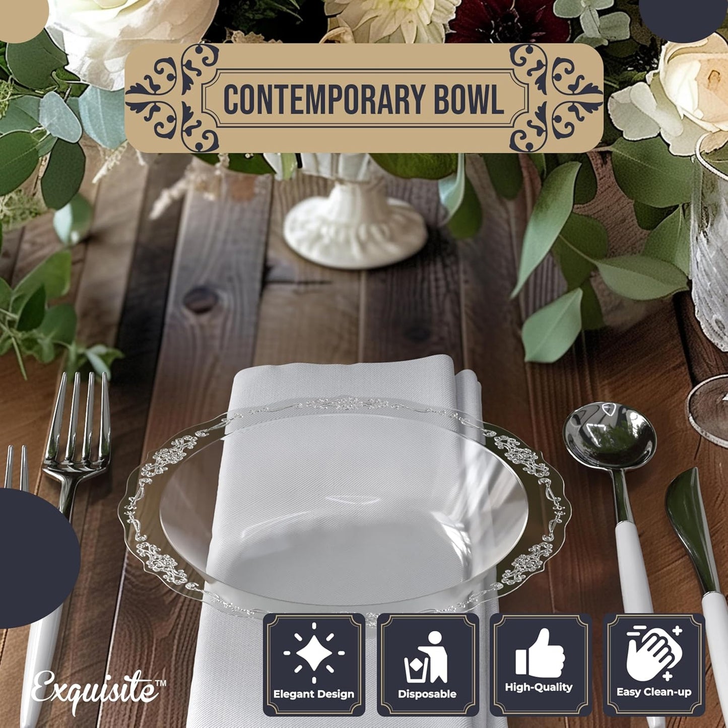 Exquisite Victorian Plastic Bowls Disposable Bowls 60 Pcs 12 oz Bowls | China Like Plastic Bowls for Parties & Weddings Clear Disposable Plastic Bowls