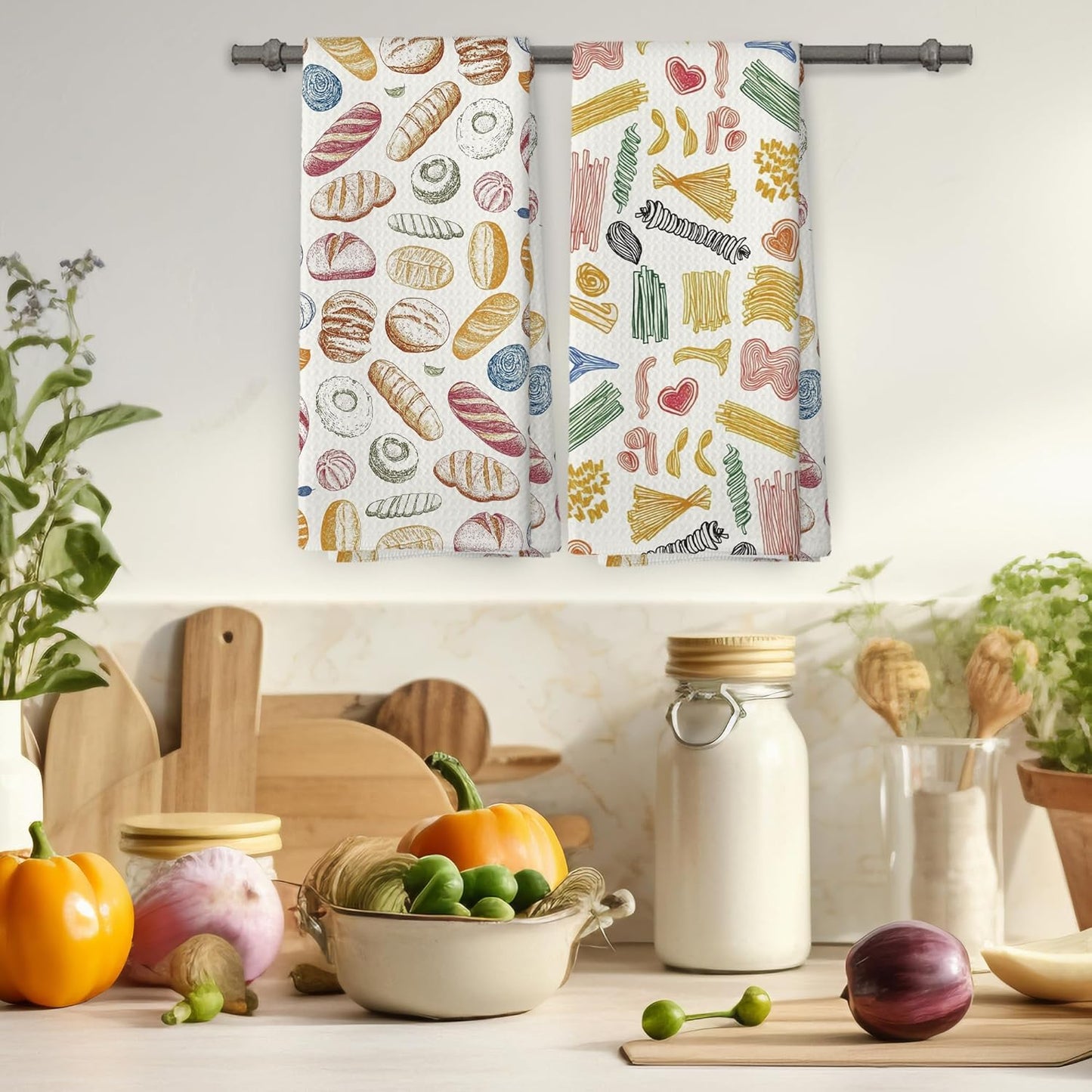 Pasta and Bread Food Kitchen Towels Set of 2, Bread Pasta Lovers Minimal Dining Room Decor Hand Towel, Kitchen Sets for Home Decorations Tea Towel Dish Towels 16x24 Inch
