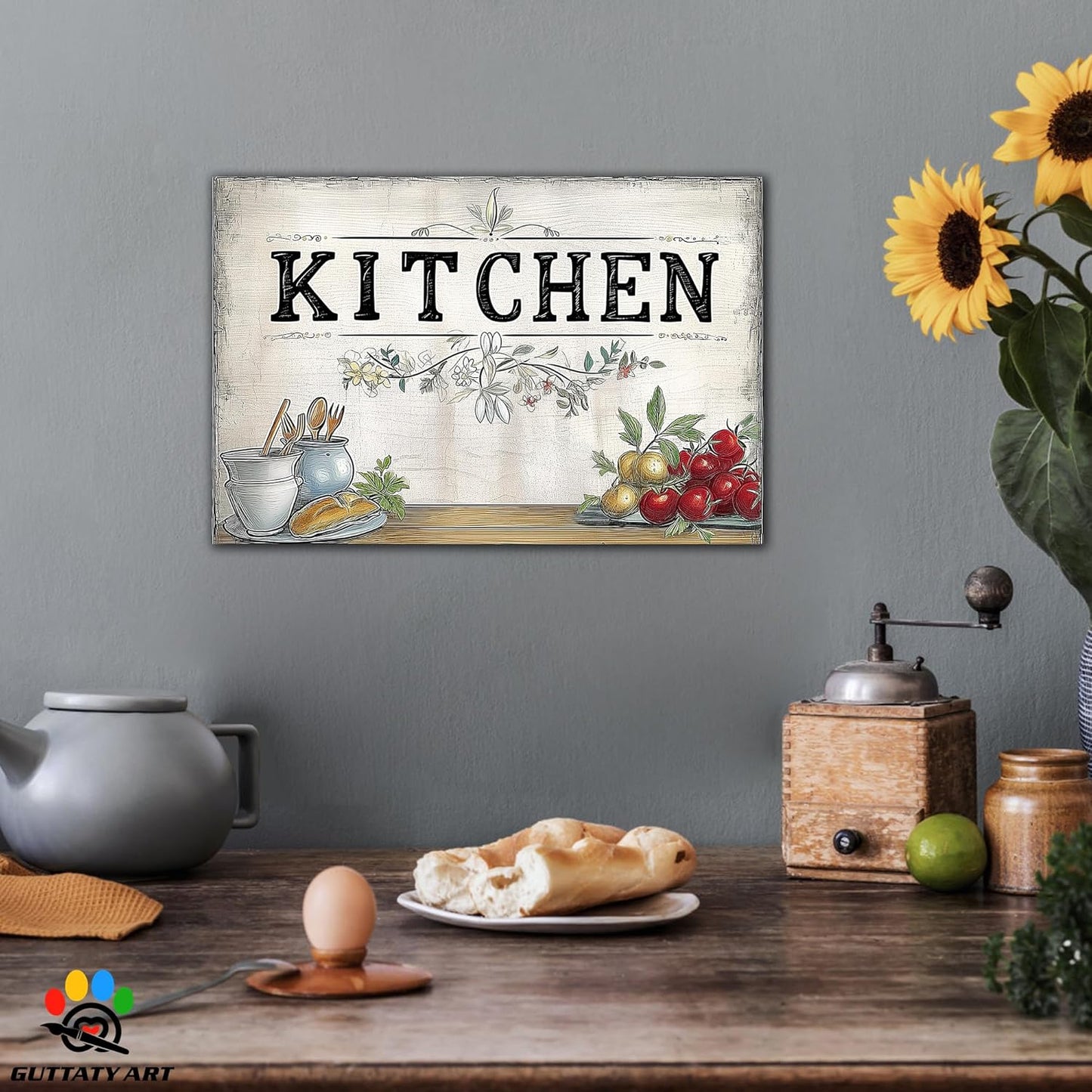 GUTTATY Farmhouse Wall Art Rustic Kitchen Decor, Ready to Hang Kitchen Canvas Print Spoon And Tomato Retro Posters Prints for Dinning Room Home Kitchen Restaurant Painting 18×24 Inch