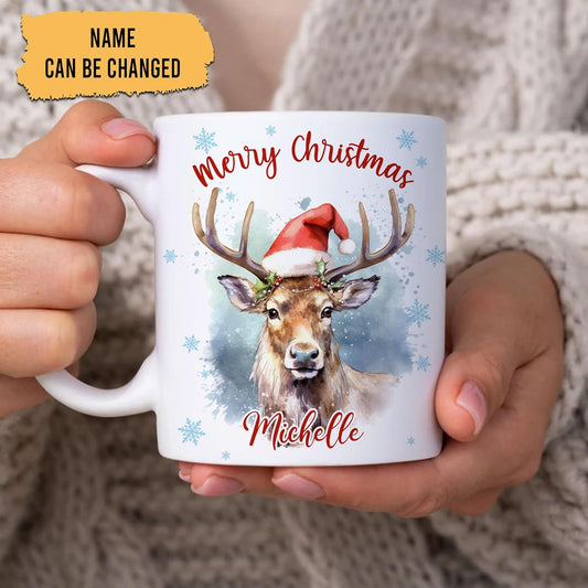 Hyturtle Personalized Gifts Reindeer Lover - Reindeer Wearing Santa Hat Custom Name Ceramic Coffee Mug Cup 11oz - Cute Animal Lovers Gifts For Women, Girl kids Family On Birthday, Christmas