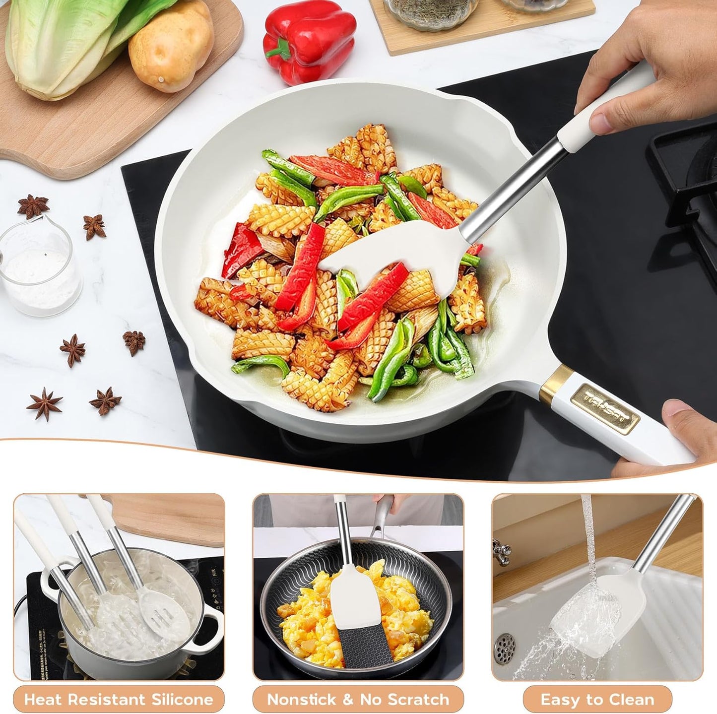 Onader Silicone Kitchen Utensils Set, 15pcs White Silicone Cooking Utensils Set with Holder, Includes Heat Resistant Spatula Turner Spoon Whisk Tong