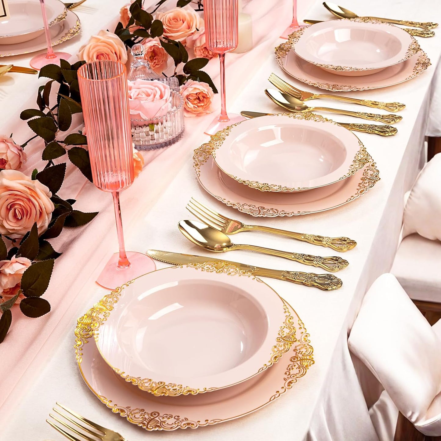 100PCS Pink Plastic Bowls - 12 oz Pink Gold Disposable Salad Bowls - Heavy Duty Disposable Soup Bowl - Fancy Plastic Ice Cream Bowl for Weddings Parties Dinners Picnics