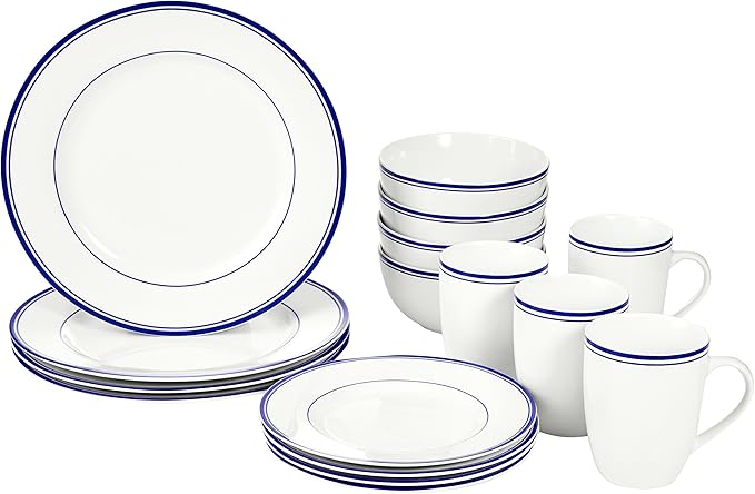 Amazon Basics 16-Piece Cafe Stripe Kitchen Dinnerware Set, Plates, Bowls, Mugs, Service for 4, Blue