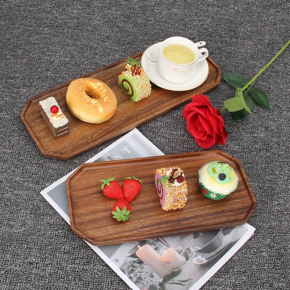 Renawe Set of 2 Wooden Serving Platters Food Tray Charcuterie Boards Large Acacia Wood Trays for Kitchen Counter Wood Charcuterie Platter Dish Candle Tray Fruit Cheese Serving Board