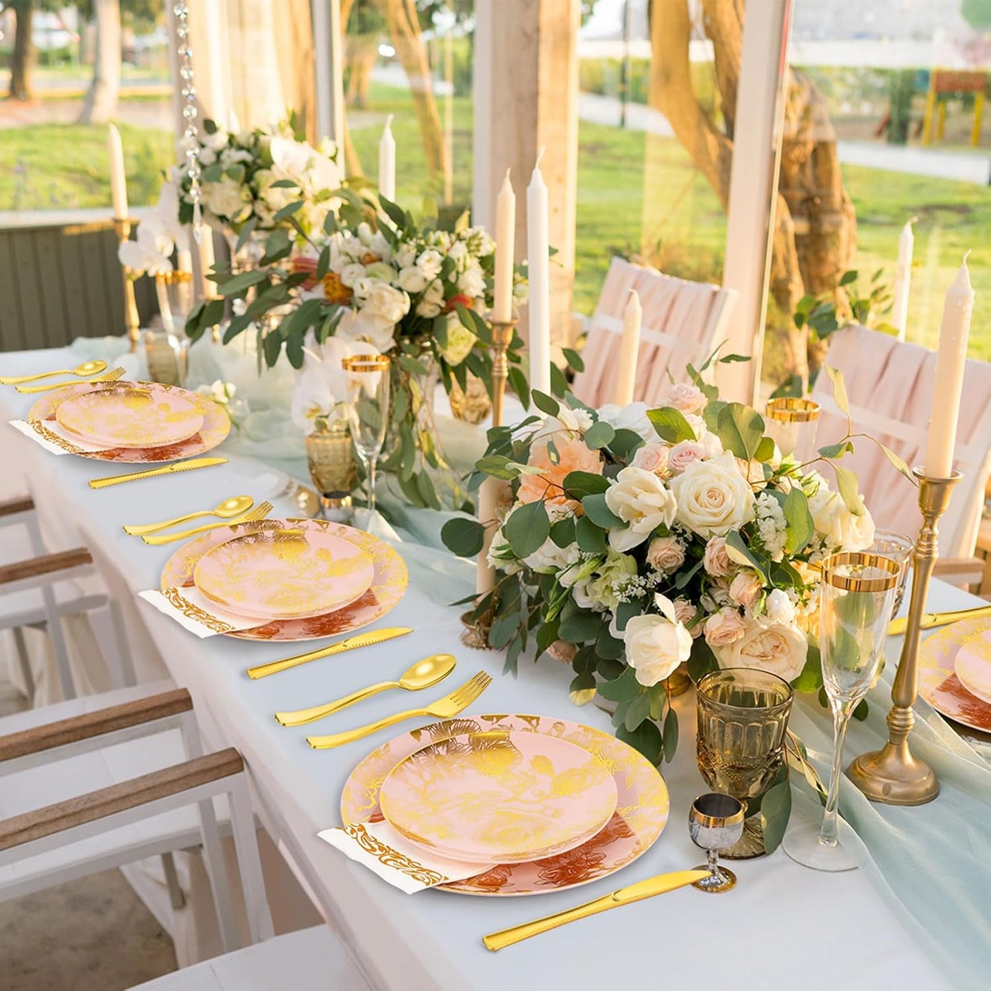 Tioncy 350 Pcs Gold Floral Plastic Dinnerware for 50 Guests Disposable Dinnerware Set Include Plates, Forks, Knives, Spoons, Cups, Napkins for Christmas Party Wedding Baby Shower(Pink Base Color)