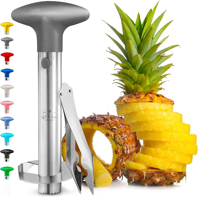 Zulay Kitchen Stainless Steel Pineapple Corer & Slicer + Eye Removal Tool – Heavy Duty Pineapple Cutter with Reinforced Blade – Effortless Pineapple Core Remover & Slicer - Gray