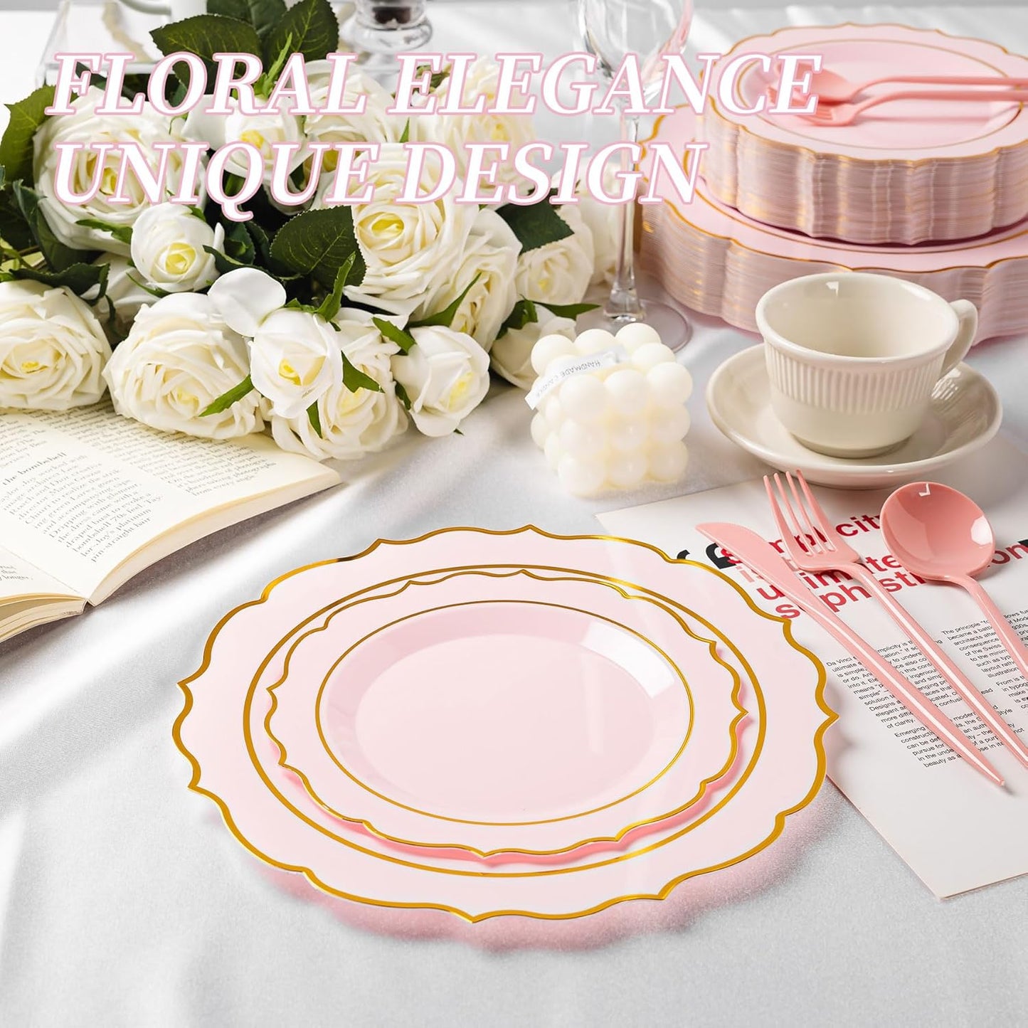 120PCS Pink Plastic Plates, Disposable Elegant Party Plate with Gold Rim, Heavy Duty 60 Dinner and 60 Dessert Fancy Plates for Party and Wedding