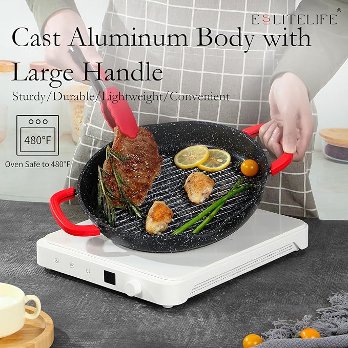 ESLITE LIFE Nonstick Grill Pan for Indoor Cooking, Versatile Induction Square Large Grilling Skillet Steak Pan for Stove Tops, PTFE & PFOA Free (Black, 11" w/Round & Lid & Tongs)