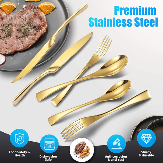 Lemeya 24-Piece Gold Silverware Set with Steak Knives,Forged 18/10 Stainless Steel Cutlery Set for 4,Modern Heavy Duty Flatware Utensils Set,Fork Spoon and Knives Set, Mirror Polished,Dishwasher Safe