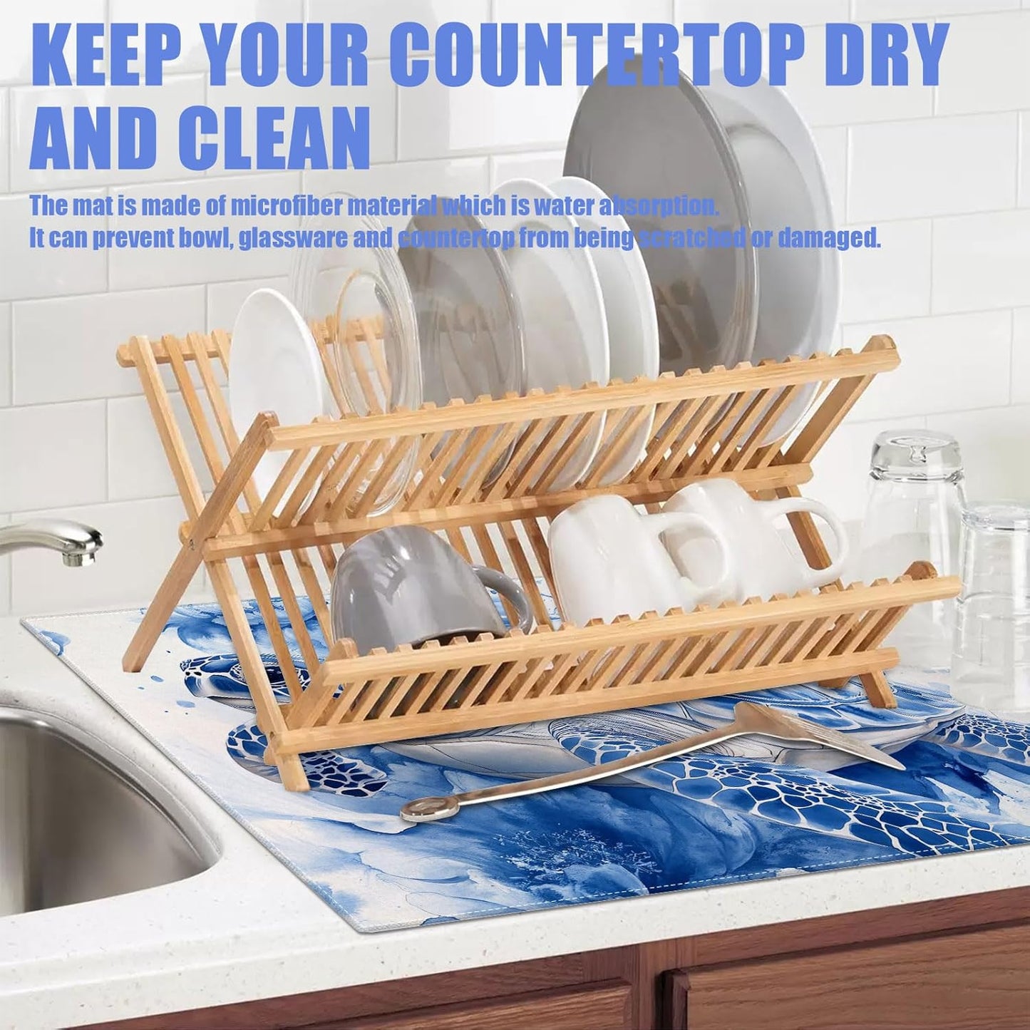 Watercolor Turtle Floral Dish Drying Mat for Kitchen Counter Drying Pad Absorbent Reversible Dish Drainer Rack Mats Draining Pad 18"x24"Inch