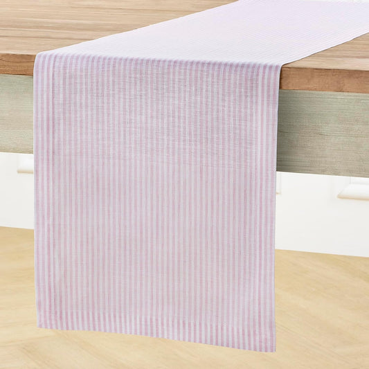 Solino Home Linen Table Runner 60 Inches - Narrow Stripe 100% Pure Linen Pink and White Farmhouse Table Runner 14 x 60 Inch Ideal for Dresser and Coffee Tables - Halloween