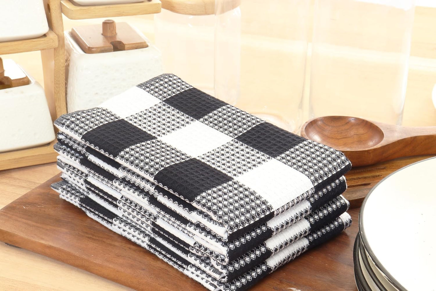 PurpleEssences 100% Cotton Waffle Weave Check Plaid Kitchen Towels, Super Soft and Absorbent Dish Towels for Drying Dishes 15 x 25-4 Pack - Fall Thanksgiving - Black and White