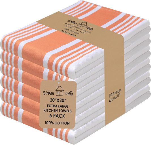 Urban Villa Kitchen Towels 100% Cotton Pack of 6, Highly Absorbent Quick Drying Super Soft Premium Dish Towels for Kitchen with Hanging Loop Hand & Tea Towels - 20x30 Inch, (Orange & White, Striped)