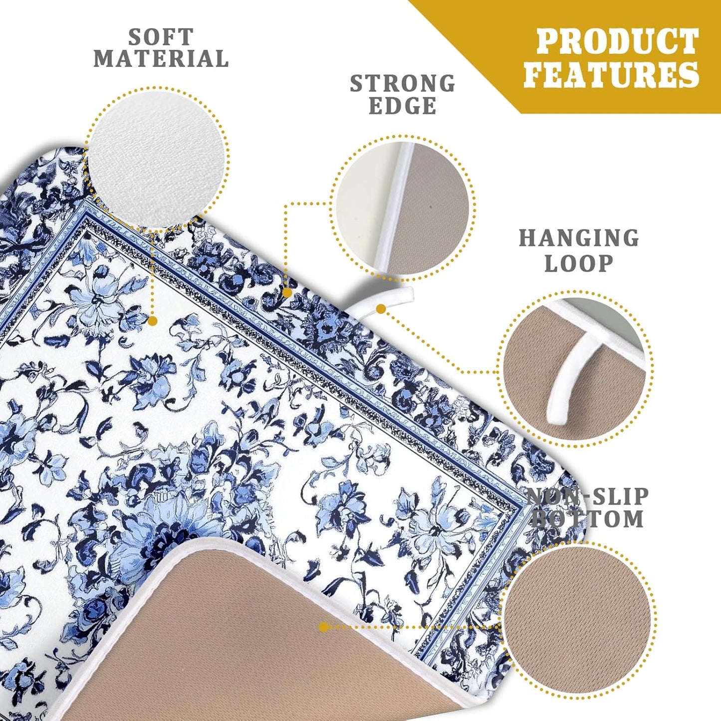 Boho Floral Dish Drying Mat 16x18 Inch Blue Leaves Kitchen Drying Pad Reversible Absorbent Dish Drainer Rack Mats Counter Tableware Decor