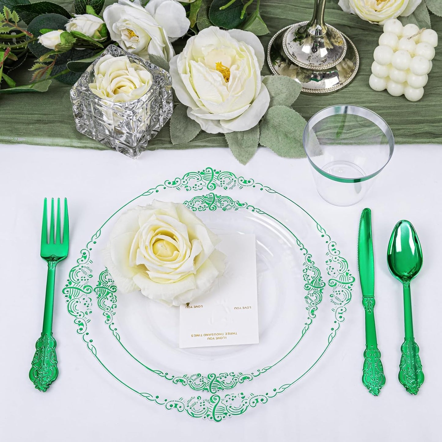 Hioasis 175pcs Clear Green Plastic Plates - Elegant Disposable Dinnerware Set Suitable for 25 Guests Include 10.25" Dinner & 7.5" Dessert Plates, Pre Rolled Silverware Set, Cups for Party & Wedding