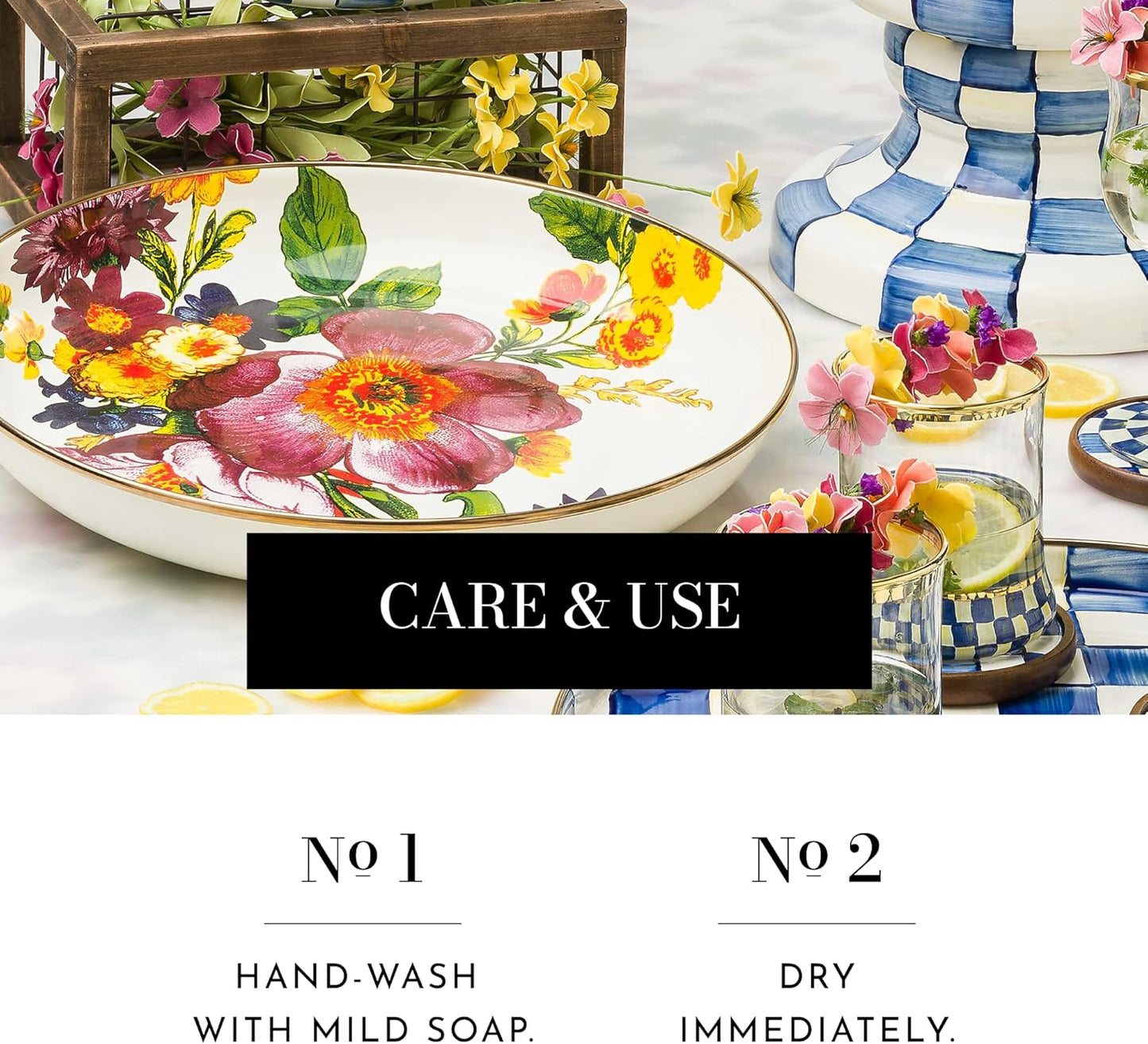 MACKENZIE-CHILDS Enamel Abundant Bowl, Decorative or Serving Bowl, 13-Cup Capacity, White Flower Market