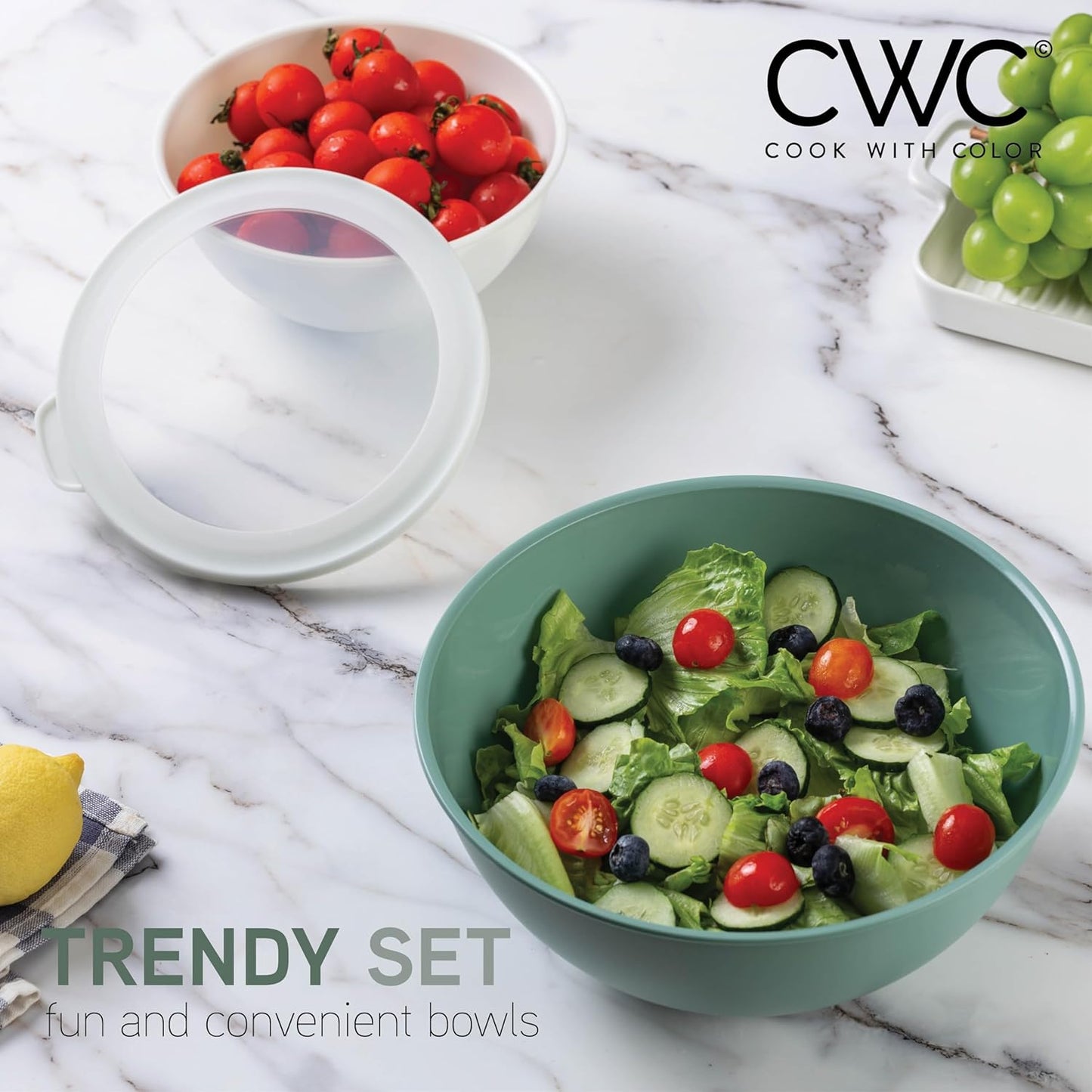 COOK WITH COLOR Mixing Bowls with TPR Lids - 12 Piece Plastic Nesting Bowls Set includes 6 Prep Bowls and 6 Lids - Microwave Safe (Sage)