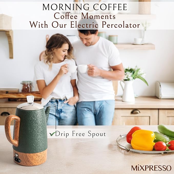Mixpresso 10 Cup Percolator Coffee Pot Electric, Stainless Steel Coffee Percolator Electric With Keep Warm Function, Classic Perculator Pot With Removable Basket for Home or Office - Shiny Green