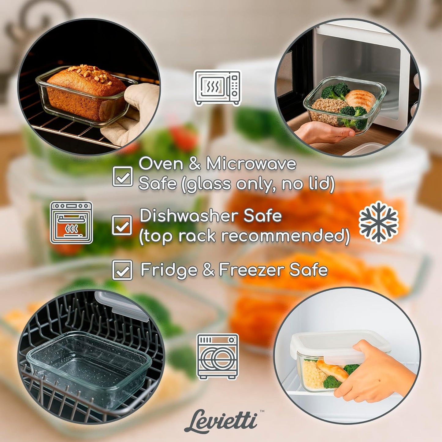 Levietti Glass Food Containers with Airtight Plastic Lids, Set of 2 (1040ml / 35oz) Leakproof Borosilicate Storage for Fresh Meals, Portion Control & Minimalist Kitchens