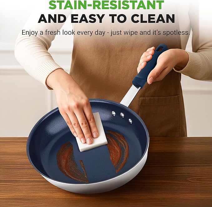 NutriChef 10" Medium Fry Pan - Medium Skillet Nonstick Frying Pan with Silicone Handle, Ceramic Coating, Blue Silicone Handle, Stain-Resistant And Easy To Clean, Professional Home Cookware