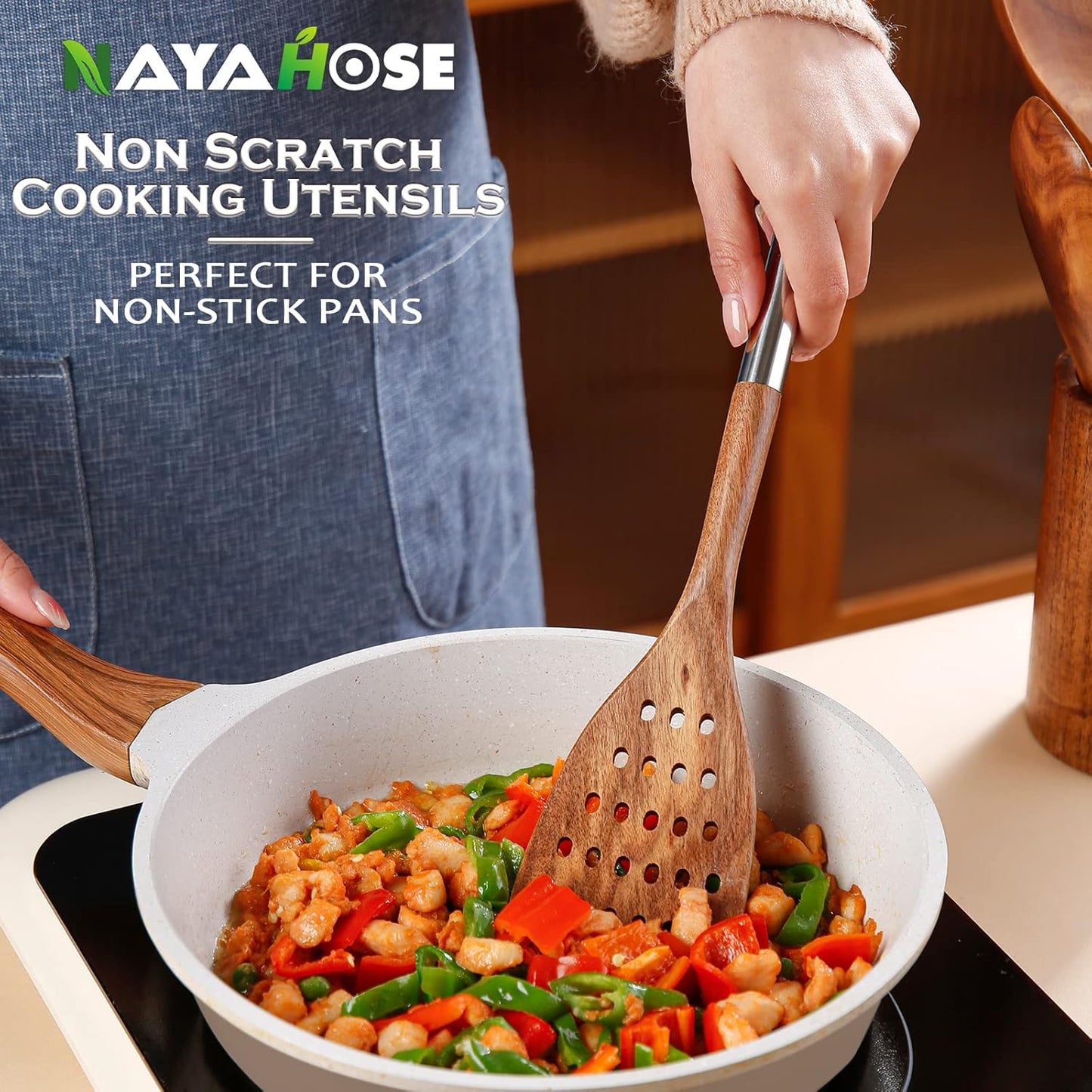 10PCS Wooden Spoons for Cooking, Spoons and Spatula Non Stick Set with Stainless Steel Handle, Teak Wooden Utensils Set with Holder & Spoon Rest, Kitchen Utensils for Non-Stick Cookware