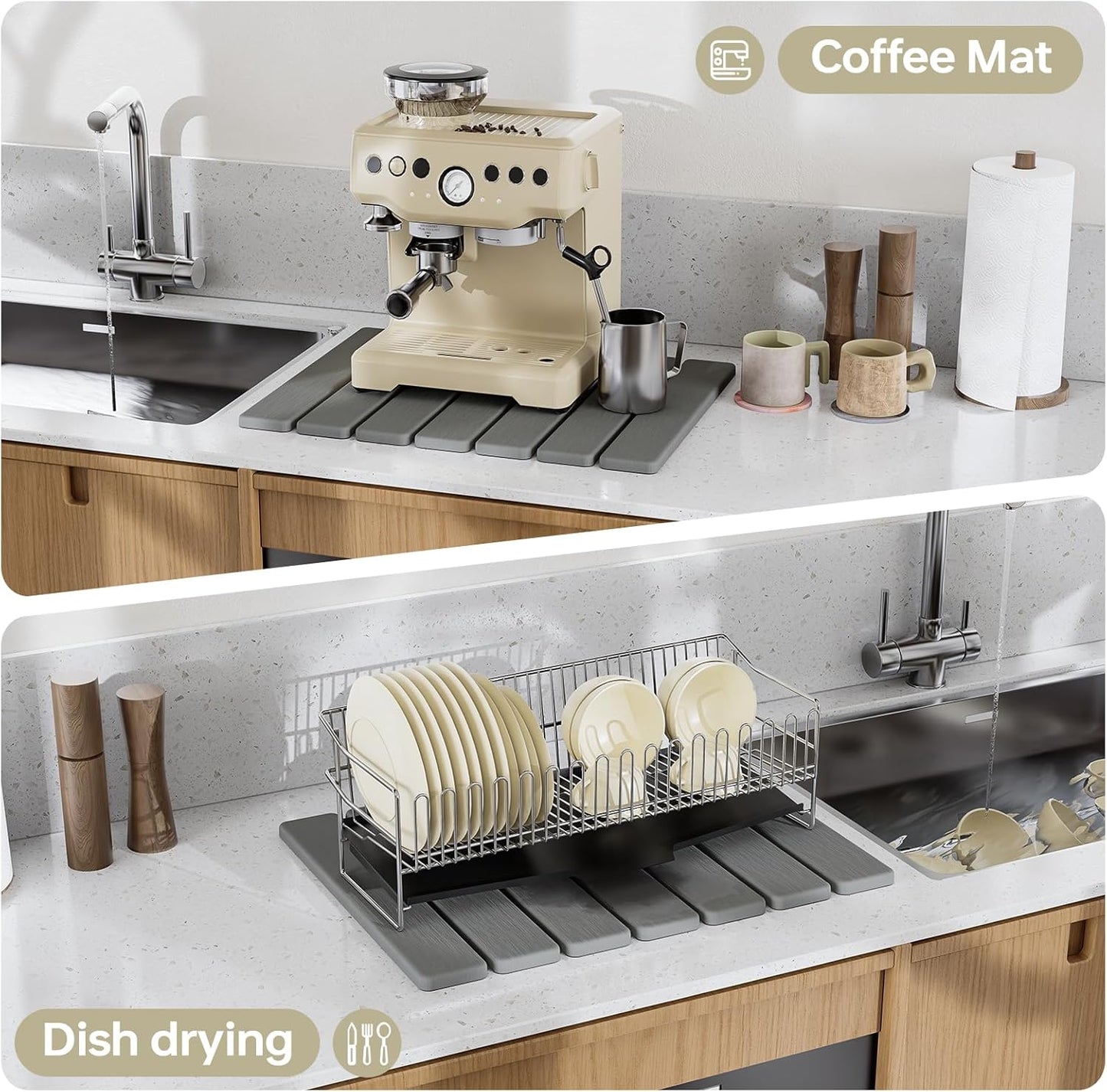 5 PCS 16" x 12" Stone Dish Drying Mat for Kitchen Counter, Quick Dry Stone Mat Diatomaceous Earth, Super Absorbent Drying rack for Dishes, Cups in Kitchen and Bathroom, Fits Any Countertop