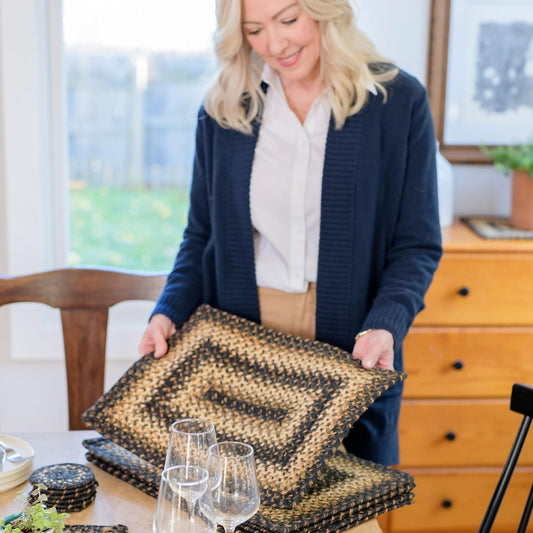 Homespice Kilimanjaro Jute Woven Placemats, Warm Primitive Decor, Set of 4, Black and Tan 13x19 Rectangle Table Mats - Vibrant Colors, Durable, Easy to Clean and Protects Furniture