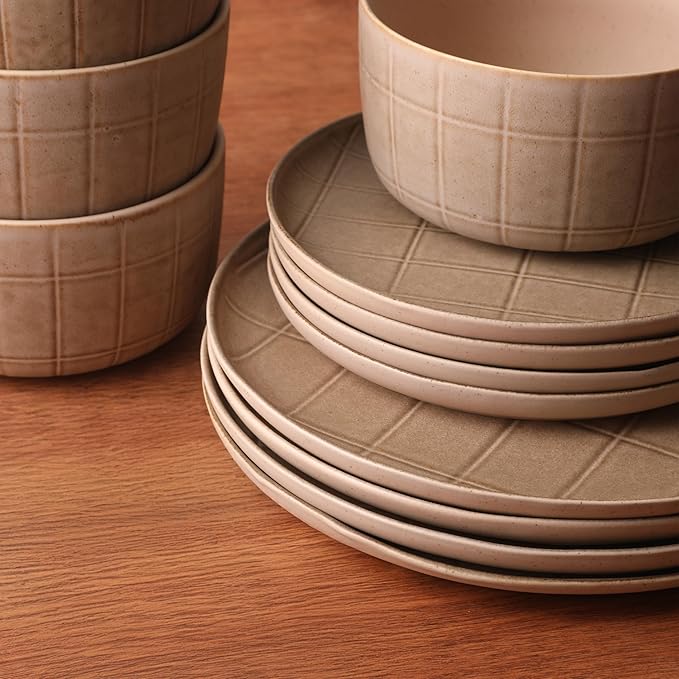 Gisbon Elite Butterwick 12 Piece Plates and Bowls Stoneware Dinnerware Set - Taupe Reactive Glaze Patterned Dishes - Microwave and Dishwasher Safe