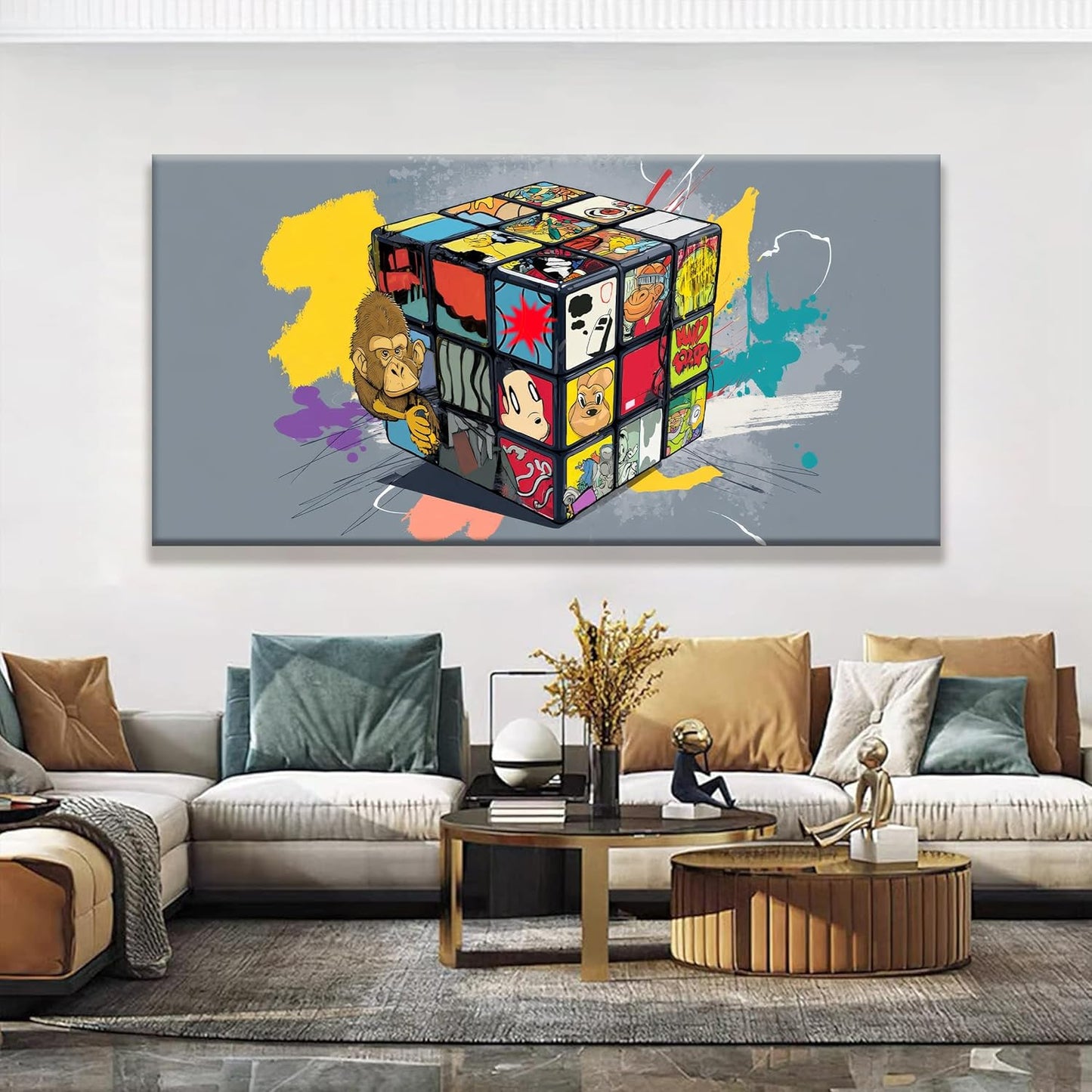 Suconvng Large Abstract Wall Art Graffiti Cube Wall Art Picture Painting Canvas Art Wall Decor Artwork Print Picture For Bedroom Multicolor Office Home Wall Decor Artwork 29 X 58 In