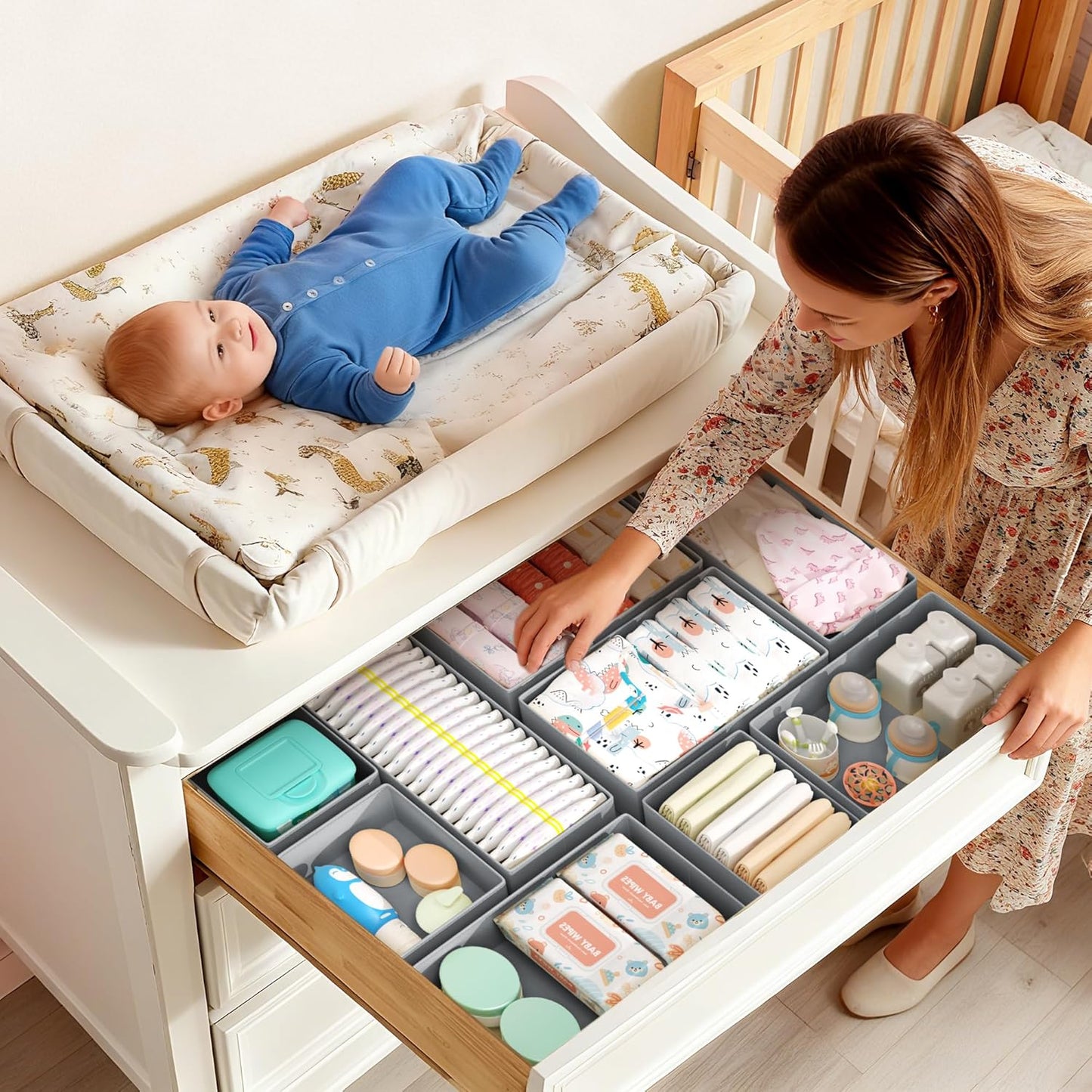 DIMJ Drawer Organizer Clothes Storage - 18 Pack Baby Dresser Organizer for Nursery, Foldable Drawer Dividers for Bedroom Closet Organization, Fabric Storage Bins for Socks, Underwears, Bras