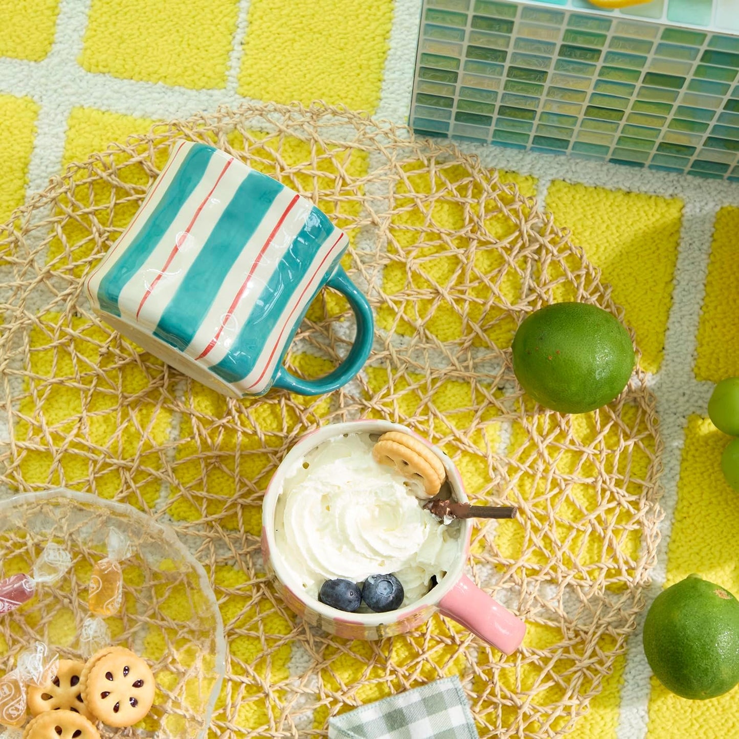 Striped Ceramic Coffee Mugs Set of 2, Pink and Green Stackable Stoneware Mugs for Morning Coffee, Tea & Cocoa, 12oz Dishwasher & Microwave Safe Mug Gift Set for Home & Office