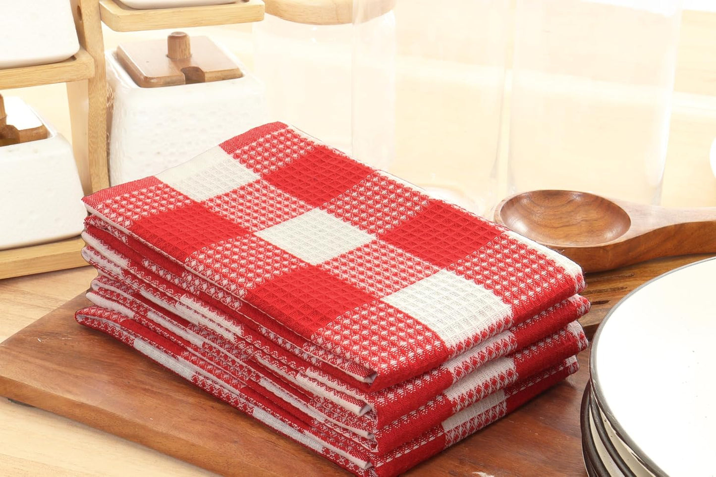 PurpleEssences 100% Cotton Waffle Weave Check Plaid Kitchen Towels, Super Soft and Absorbent Dish Towels for Drying Dishes 15 x 25-6 Pack - Fall Thanksgiving - Red and White