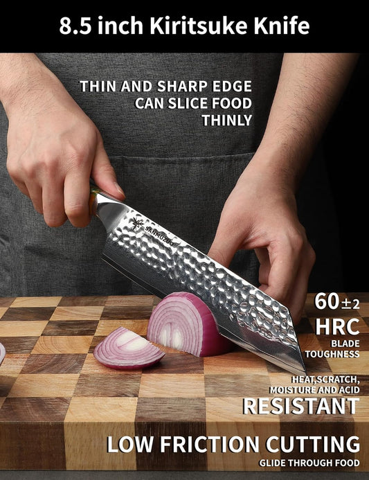 8.5" Kiritsuke Knife - Professional Kitchen Chef Knife - Hammered Damascus Steel & Resin Handle - YAO Series